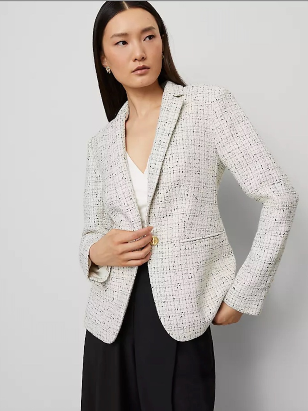 Ann Taylor Black White Tweed One Button Blazer Gold Hardware Sz 12